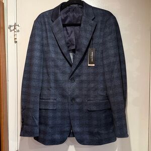Kenneth Cole Mens Blazer Blue Check Stretch Pockets Side Vents Notch Lapel - S